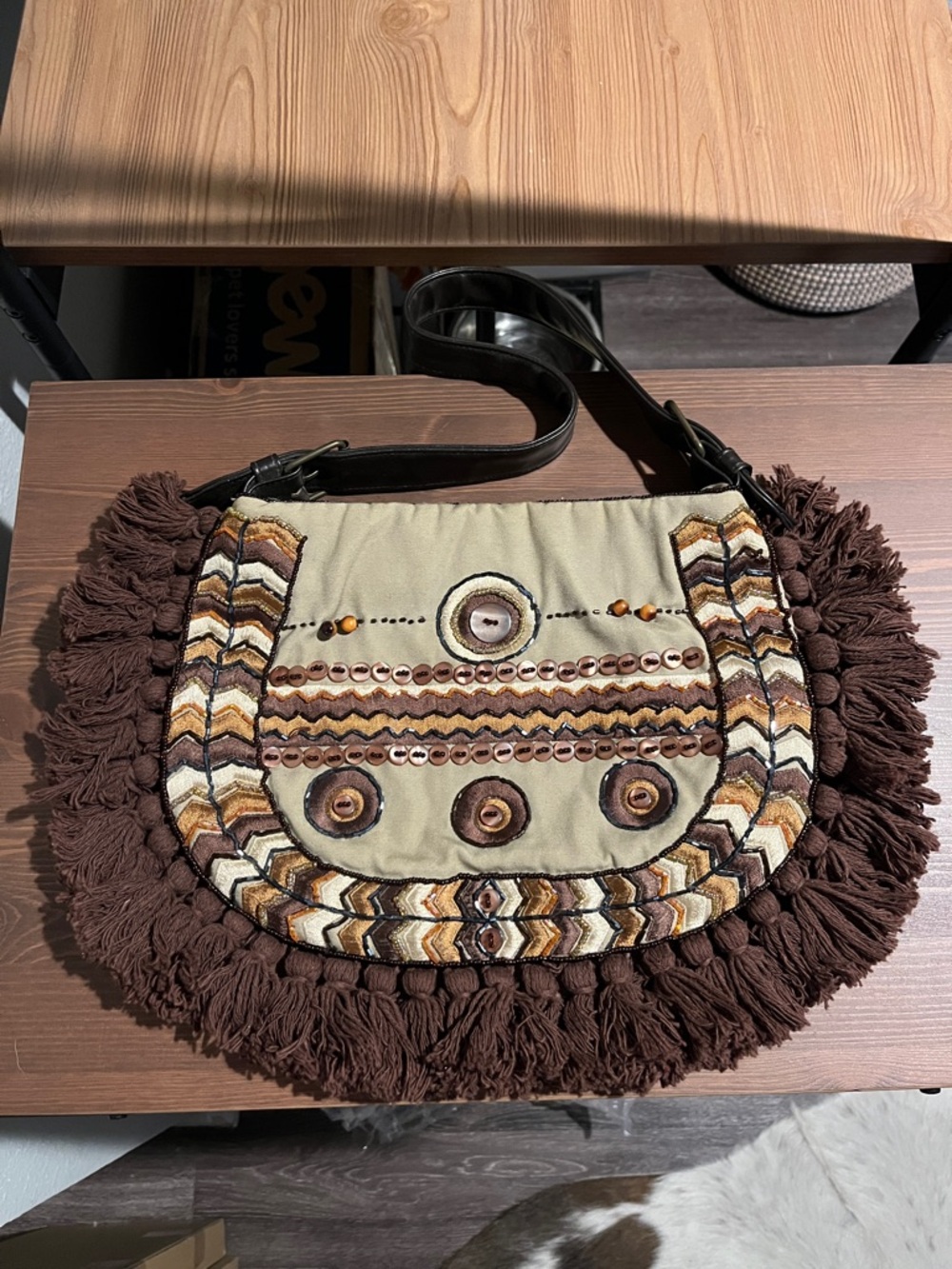 Vintage EXPRESS Boho Fringe Embellished Shoulder Bag - Brown & Cream